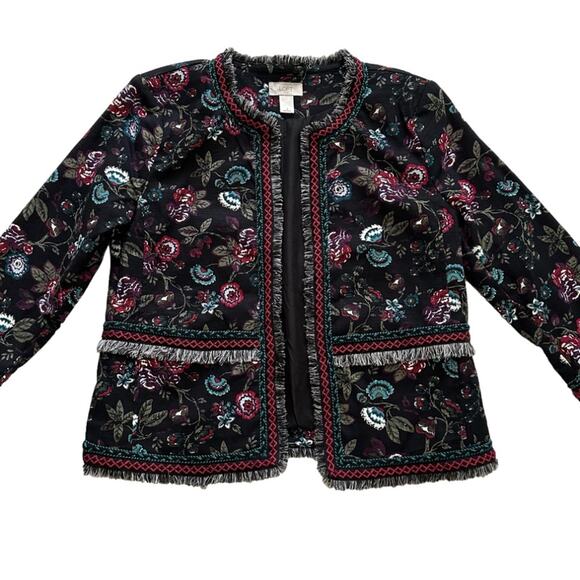 Loft Outlet Black Floral Fringe Embroidered 3/4 Sleeve Open Front Blazer Size 8 - Picture 8 of 12